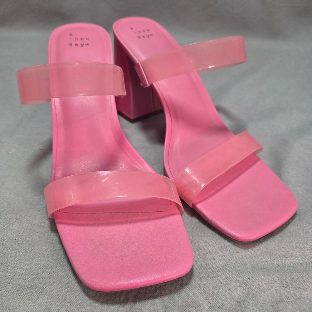 A New Day Deanna Slide Heeled Hot Pink Sandals Clear Double Strap Barbiecore 11